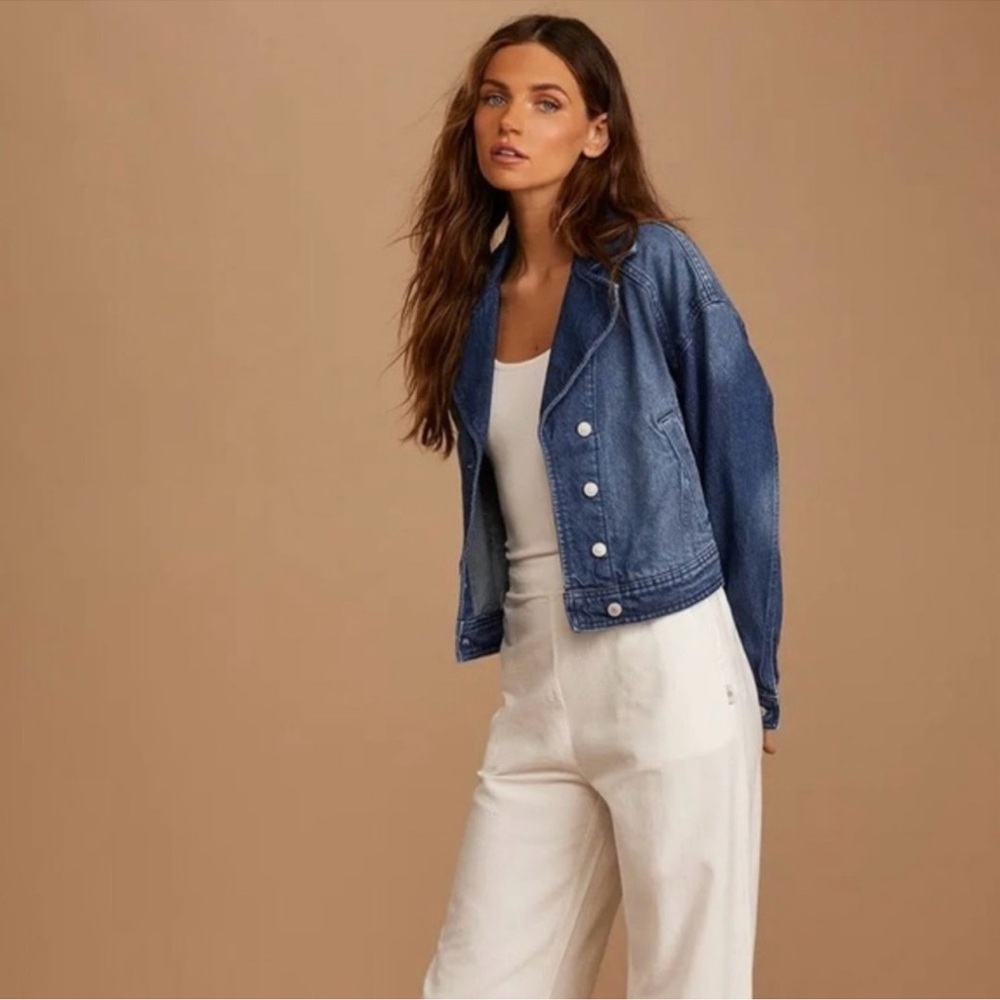 Free People Now or Never Cropped Denim Jacket Dark Wash Oversized Women’s Small